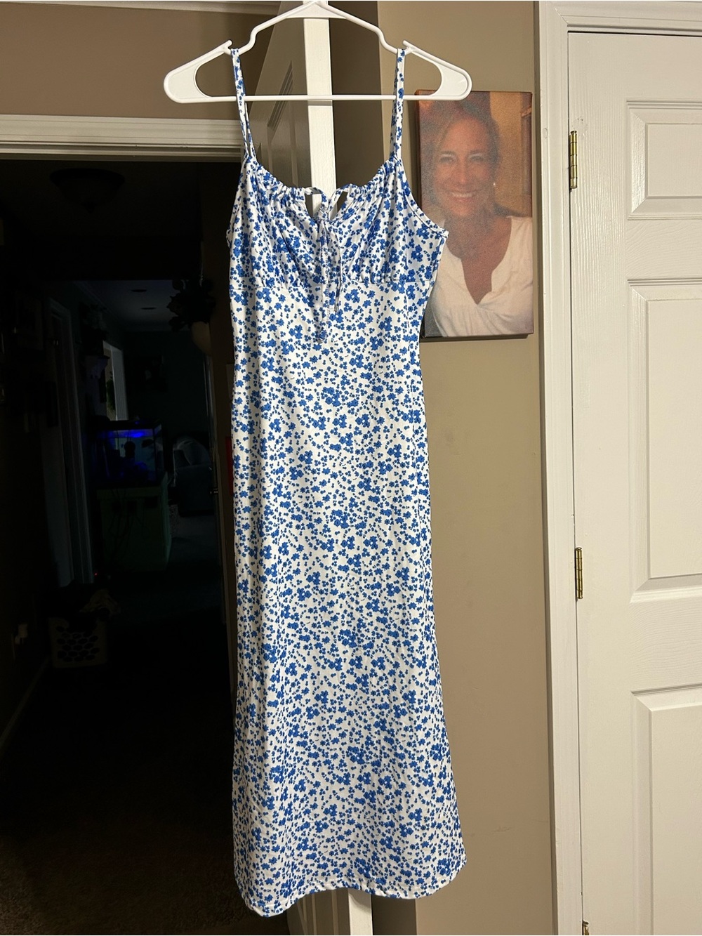 Floral Spaghetti-Strap Midi Dress in Blue and White
